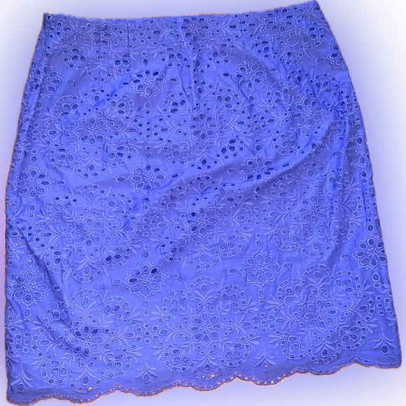 Talbots Eyelet A Line Medallion Blue Pencil Office Business Skirt Size 8 Scallop - Picture 9 of 11